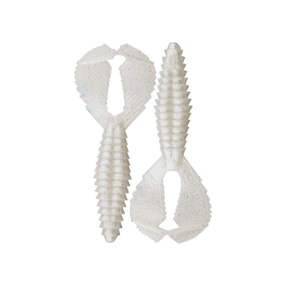 Two Reaction Innovations Spicy Beaver 4.0 baits by Reaction Innovations, featuring a ribbed, translucent white body with wing-like ends, are shown side by side on a plain white background—ideal as swim jig trailers or punching bait.