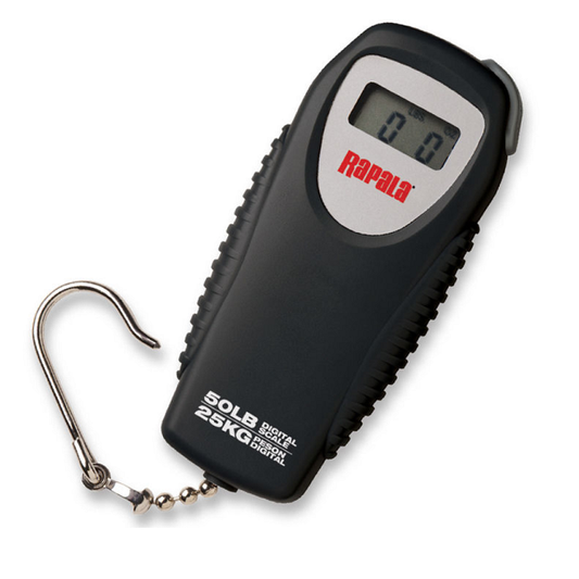 The Rapala 50 lb. Mini Digital Scale (RMDS-50) is a black, water-resistant digital scale with a silver hook and "Rapala" branding, capable of weighing up to 50 lbs or 25 kg.