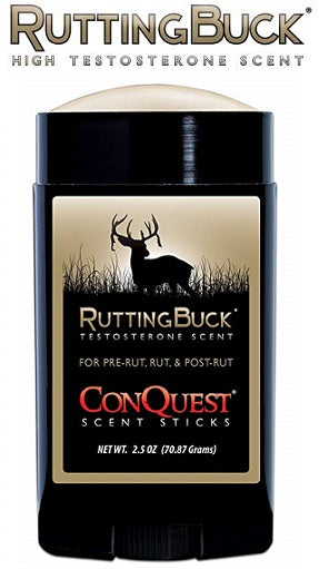 The Conquest Scents Rutting Buck High Testosterone Scent Stick 2.5oz (1249) features a buck silhouette on the label and is an effective deer attractant with high testosterone urine for pre-rut, rut, and post-rut hunting.