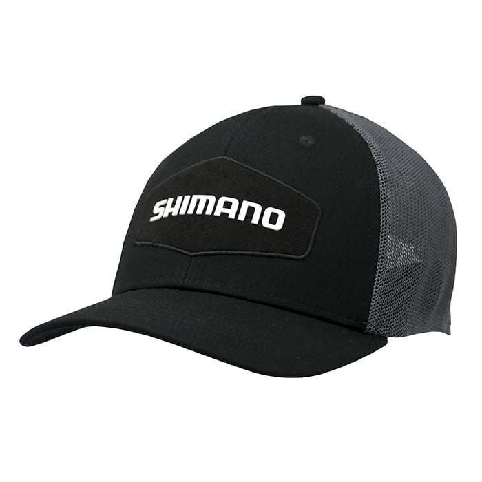 The Shimano California State Cap is a black and gray trucker hat with a curved brim, mesh back, and "SHIMANO" in white lettering on the front—combining comfort and style.