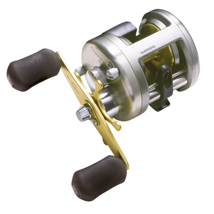 The Shimano Cardiff A Round Casting Reel CDF200A by Shimano features a silver and gold finish with two black handle grips, displayed against a white background.