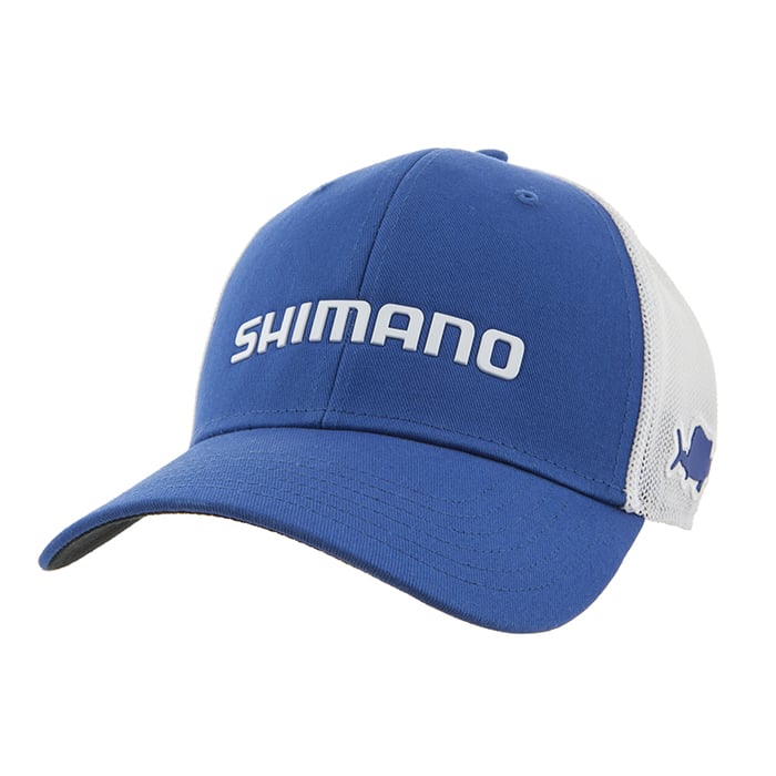 The Shimano Florida State Cap is a blue and white performance trucker hat with a curved brim. The front features "SHIMANO" in bold white letters, and the side is adorned with a sleek fish logo. Its breathable mesh back makes it ideal for sunny days in Florida.