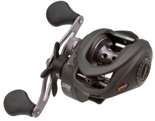 The Lew's Speed Spool LFS 6.8:1 Left Hand Casting Reel (SS1HLA) is a black and silver model with dual handle grips, visible spool, LEW’S logo, and compact LFS frame.