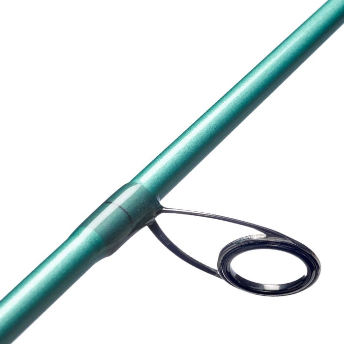 Close-up of the St. Croix Avid Inshore 7'0" Medium Spinning Rod (VIS70MF), crafted from high-modulus SCIII graphite with a metallic green finish and black guide ring, set against a clean white background.