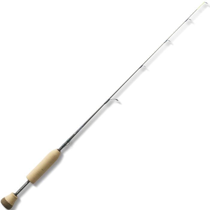 The St. Croix Croix Custom 36" Medium Outside Eye Ice Rod (CI36MF) features a light cork handle and a sleek black pole with line guides, showcased on a white background.