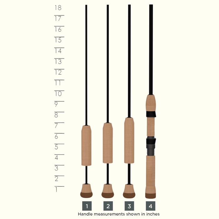 Four fishing rod handles of different lengths, including the St. Croix Croix Custom 20" Light Sight-Bite Ice Rod, stand upright beside a ruler marked 9–18 inches, with each handle’s length listed in inches below.