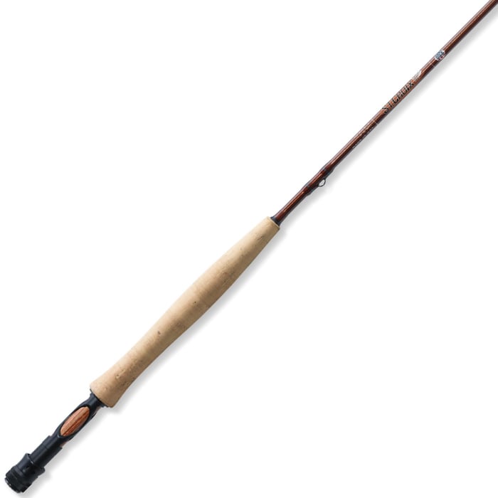 The St. Croix Imperial USA 11'0" 5wt Fly Switch Rod | IU1105.4 features a cork handle, black reel seat, and high-modulus graphite construction in brown, shown on a white background.