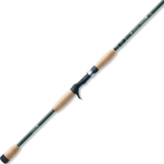 The St. Croix Legend Elite Musky 8'6" Medium Heavy Casting Rod (LEM86MHF) with cork handles, a black reel seat, and green shaft is displayed diagonally on a white background.