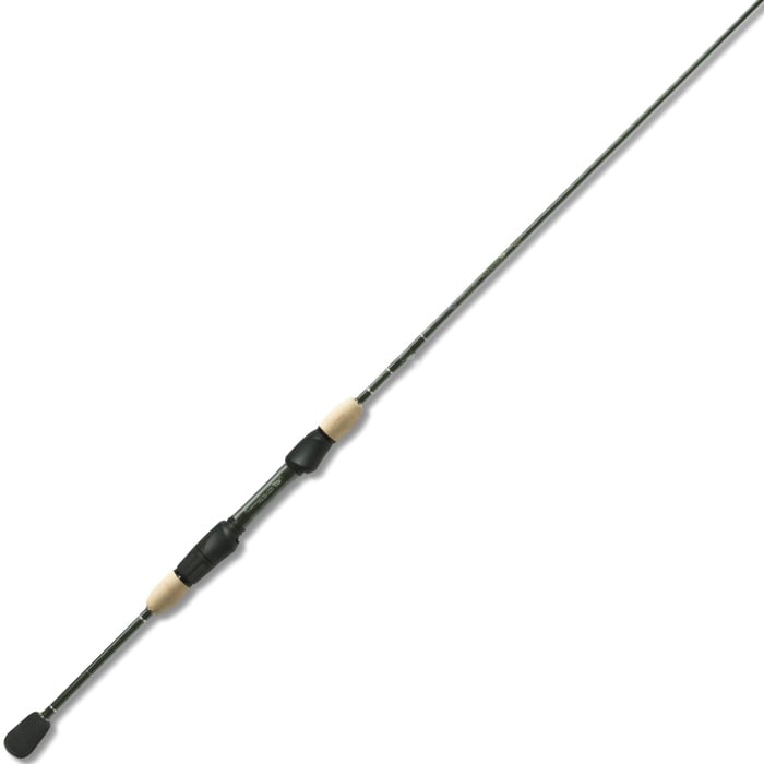 The St. Croix Legend Elite Panfish 5'6" Ultra Light Spinning Rod (LEP56ULF) by St. Croix, featuring a black handle and graphite shaft, is displayed diagonally on a white background.