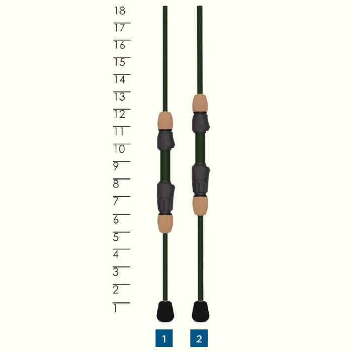 Two St. Croix Legend Elite Panfish 5'6" Ultra Light Spinning Rods (LEP56ULF) with black and wood-colored grips stand upright side by side, each beside a measuring scale from 1 to 18. The left rod is labeled "1" and the right "2.