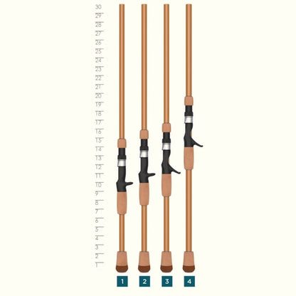 Four St. Croix Legend Glass 7’2” Heavy Casting Rods (LGC72HM) are lined up before a vertical ruler showing 0 to 30 inches, featuring S-glass blanks, black and silver reel seats, and cork handles, each labeled 1–4 at the bottom.