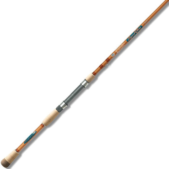 The St. Croix Legend Glass 6’10” Medium Spinning Rod (LGS610MM) features a light brown handle, orange-brown S-glass blank, metallic reel seat, and blue logo details.