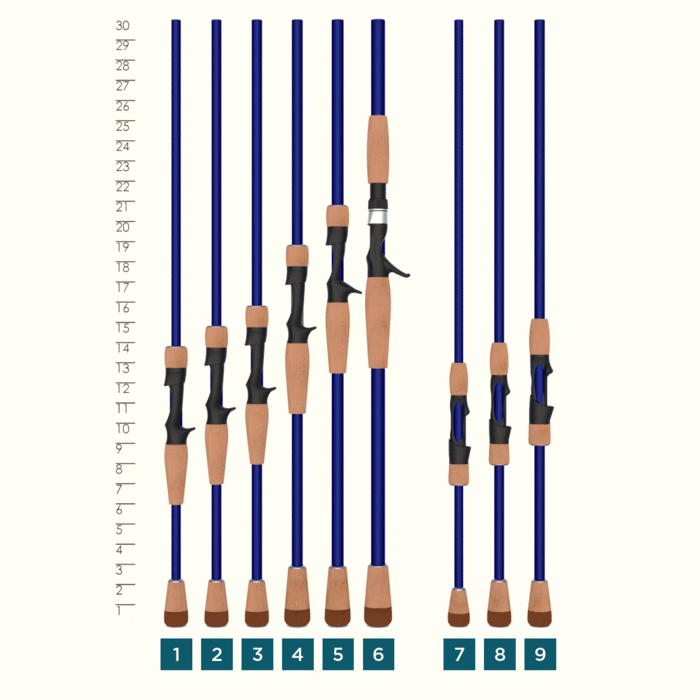 Nine St. Croix Legend Tournament 7'1" Medium Plastics Casting Rod handles (LBC71MF) with high-modulus SCIV graphite and tan grips stand upright in a row, each handle’s length marked on a height chart numbered 1 to 9 below.