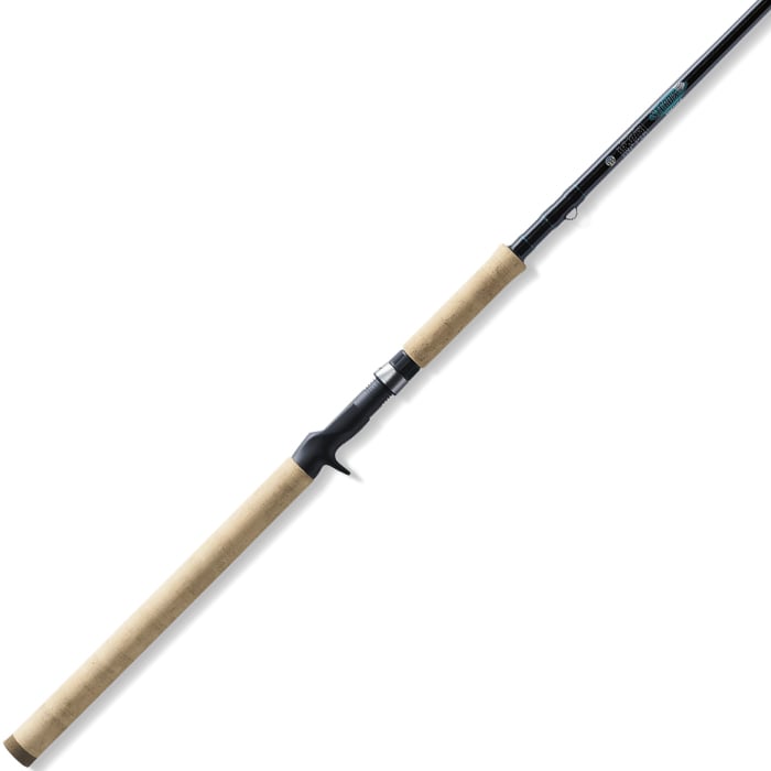 A St. Croix Premier Musky 9'0" Extra Heavy Casting Rod (PM90XHF) with a light cork handle and black reel seat is displayed diagonally on a white background.