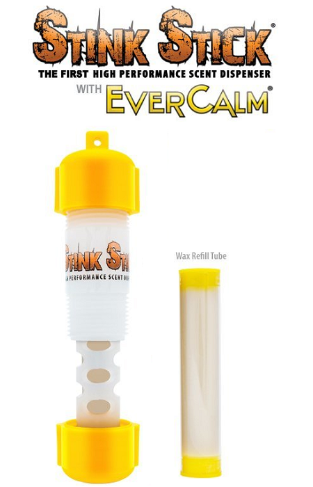 The Conquest Stink Stick Yellow Scent Dispenser with EverCalm (16004) from Conquest Scents is displayed next to a wax refill tube, both set on a clean white background.