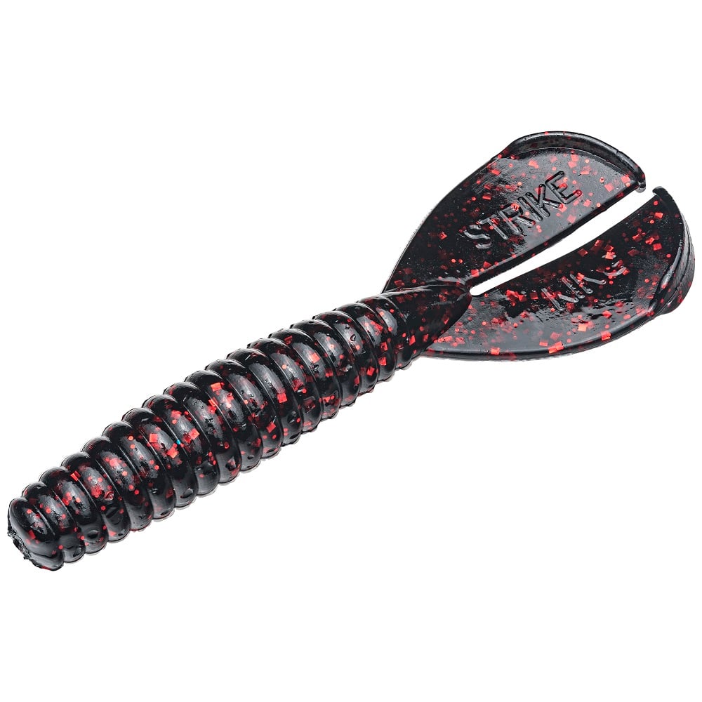 The black plastic Strike King Rage Tail Menace Grub is a paddle tail fishing lure with red glitter, ideal for bass. Its ribbed body and twin tails feature a "STRIKE" label, capturing the popular design effectively.