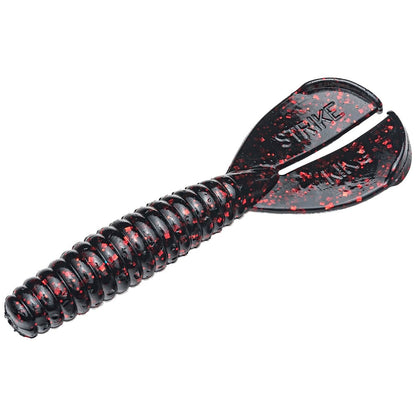 The black plastic Strike King Rage Tail Menace Grub is a paddle tail fishing lure with red glitter, ideal for bass. Its ribbed body and twin tails feature a "STRIKE" label, capturing the popular design effectively.