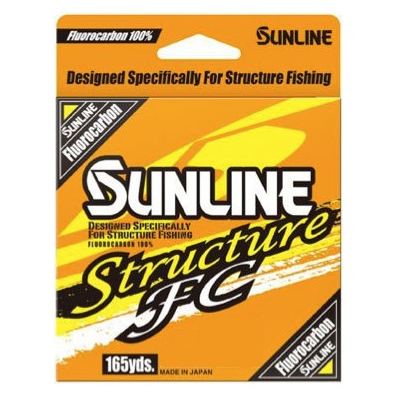 The Sunline Structure FC Fluorocarbon Line packaging features a bright orange design with black and yellow text, emphasizing "Fluorocarbon 100%," "165 yds." It's perfect for structure and deep water fishing with high abrasion resistance. Made in Japan.