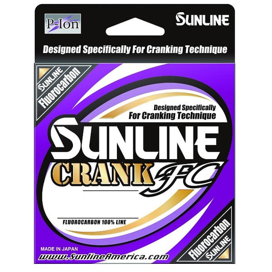 The Sunline Crank FC Fluorocarbon 660yd, ideal for crankbaits, showcases a purple, black, and white packaging. It emphasizes "Made in Japan" and "Fluorocarbon 100% Line," enhanced by innovative P-Ion Technology. Designed for cranking technique by Sunline.