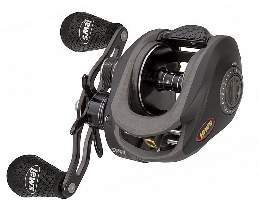 The Lew's Super Duty 300 7.2:1 Left Hand Casting Reel (SD3SHL) features a black finish, textured handles, line adjustment dial, and branded detailing on the handles and side; designed for left-hand casting.