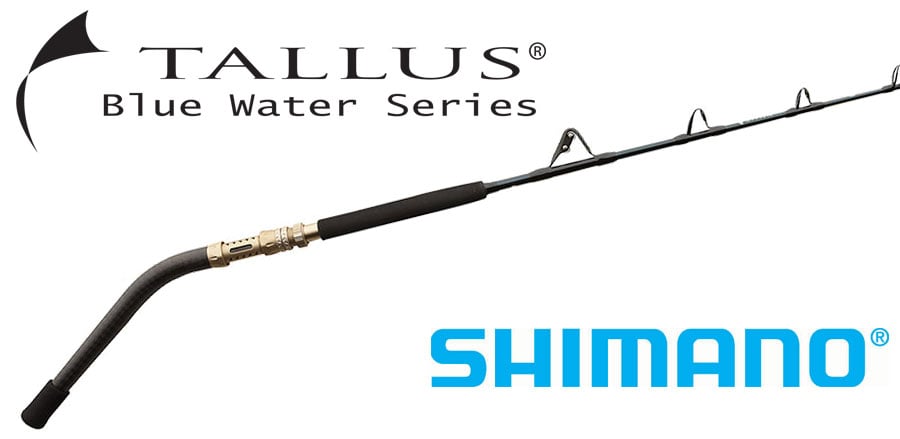 The Shimano Tallus 5'6" Extra Heavy Trolling Stand Up Rod TLCSTXH2SCBLA is featured with the Shimano logo and Tallus Blue Water Series text on a white background, showcasing its TC4 construction for strength and performance.