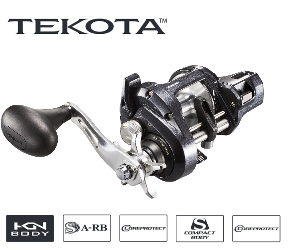 The Shimano Tekota 500HGLCA 6.3:1 Line Counter Casting Reel by Shimano is displayed at an angle with a black handle. The “TEKOTA” logo appears above, and icons below show HAGANE Body, A-RB, Compact Body, and Coreprotect water resistance.