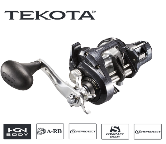 The Shimano Tekota 600HGLCA 6.3:1 Line Counter Casting Reel by Shimano is displayed at an angle, showing its black and silver design, large handle, water resistance icons, and "TEKOTA" logo text above the reel. Model: TEK600HGLCA.