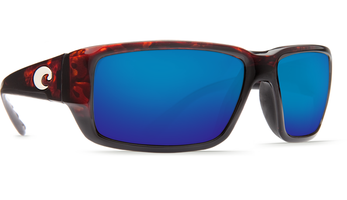 Costa Del Mar Fantail sunglasses feature blue mirrored lenses, a dark red and black marbled frame, and a white wave-shaped logo—perfect polarized shades from Costa Del Mar for performance sport fishing.