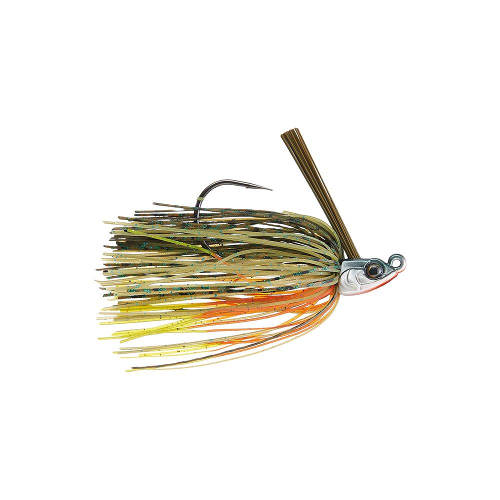 The 6th Sense Divine Swim Jig by 6th Sense features a metallic head, single hook, and a yellow, orange, and green skirt to mimic small fish—ideal for swim jig or bed fishing techniques.