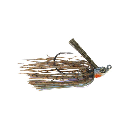 The 6th Sense Divine Swim Jig features a lifelike fish-shaped head, single exposed hook, and tan-brown skirt for realistic aquatic vegetation imitation—ideal for anglers seeking natural presentation.