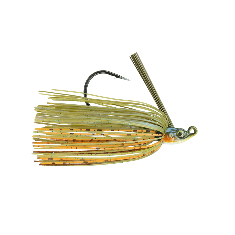 The 6th Sense Divine Swim Jig by 6th Sense features a painted fish head, weed guard, vibrant yellow-orange skirt with black speckles, and a ScrewLock keeper to securely hold soft plastics and attract fish.