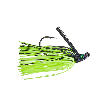 The 6th Sense Divine Swim Jig features a black head, green eye, green and black skirt, metal hook, stiff bristle guard, and a ScrewLock keeper for secure bait attachment.