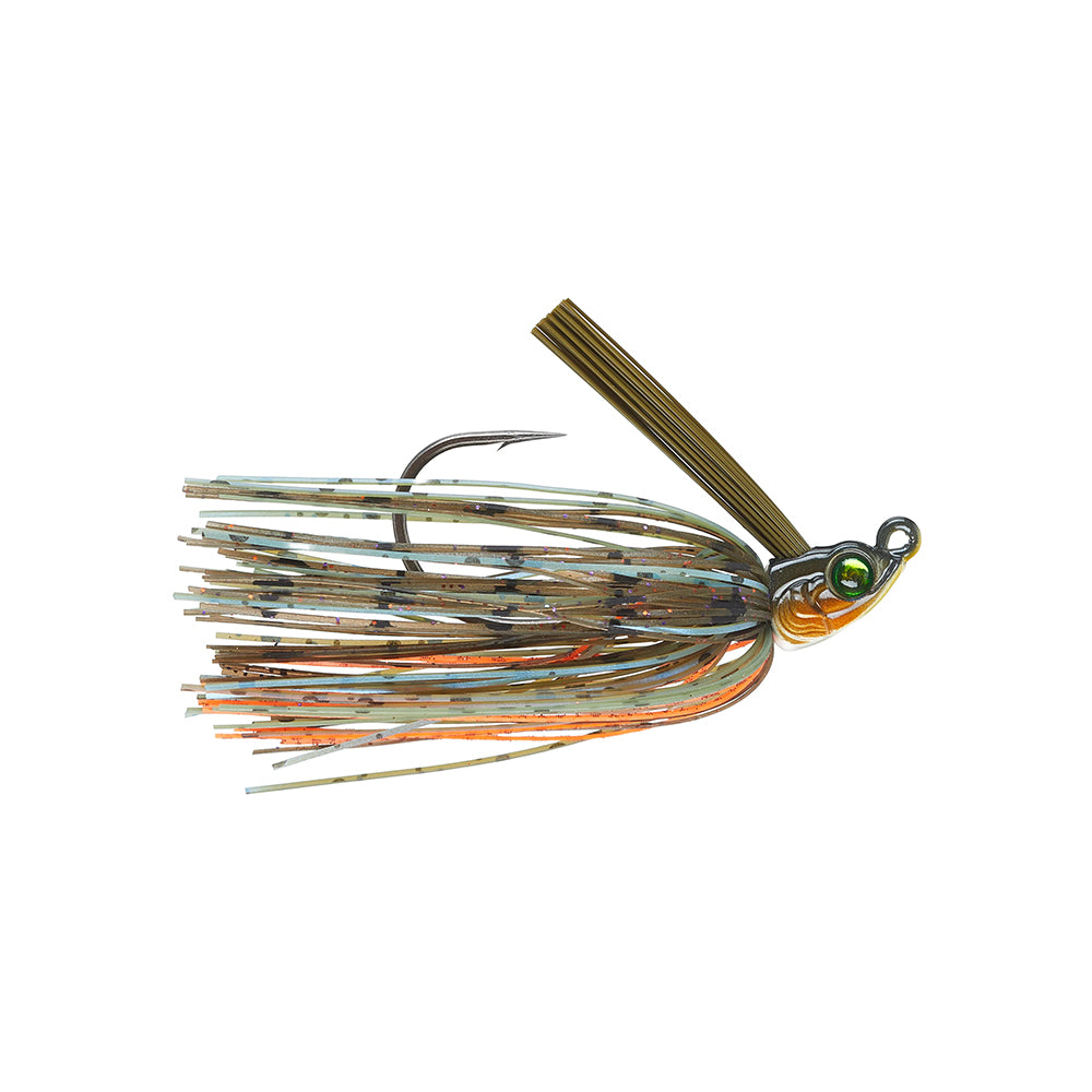 The 6th Sense Divine Swim Jig by 6th Sense features a multicolored skirt with green, brown, and orange strands, a single hook, ScrewLock keeper, weed guard, and fish-shaped painted head—perfect for bed fishing jig techniques.
