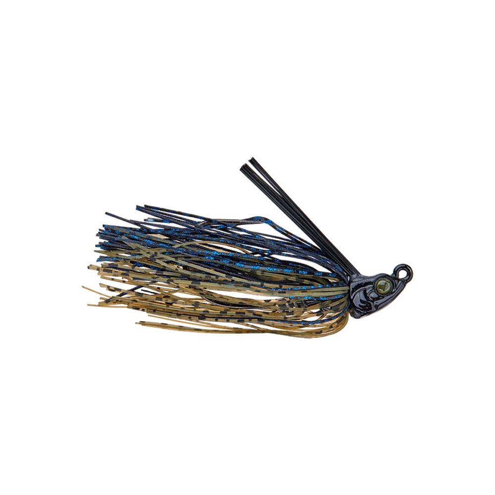 The 6th Sense Divine Swim Jig by 6th Sense features a fish-shaped head, weed guard, and a blue, black, and yellow skirt that attracts fish. The swim jig stands out against a plain white background.
