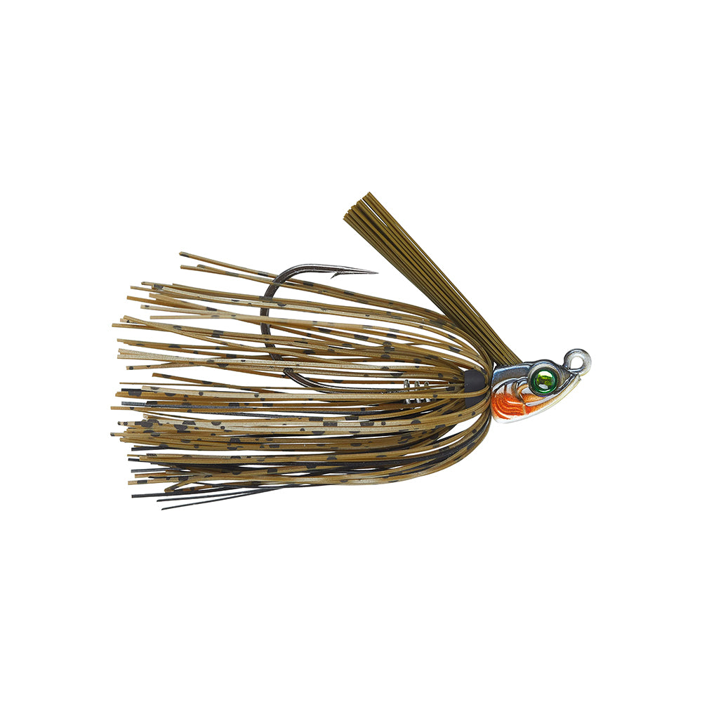 The 6th Sense Divine Swim Jig by 6th Sense features a metallic head painted orange and green near a lifelike eye, a weed guard, ScrewLock keeper, and a brown-black skirt that mimics small baitfish.