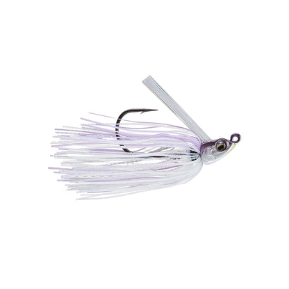 The 6th Sense Divine Swim Jig by 6th Sense features a white and light purple skirt, large hook, ScrewLock keeper, and a fish-like head with a realistic eye, shown against a white background.