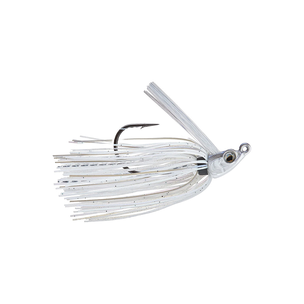 The 6th Sense Divine Swim Jig by 6th Sense is a white fishing lure featuring a skirt of thin, flexible strands, a single exposed hook, ScrewLock keeper, and a molded head with a large realistic eye.