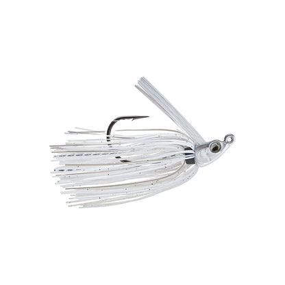 The 6th Sense Divine Swim Jig by 6th Sense is a white fishing lure featuring a skirt of thin, flexible strands, a single exposed hook, ScrewLock keeper, and a molded head with a large realistic eye.