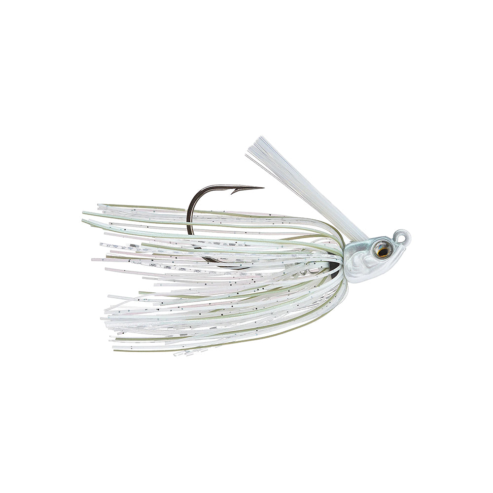 The 6th Sense Divine Swim Jig by 6th Sense features a ScrewLock keeper, silver/white/light green skirt, single hook, and fish-shaped head with painted eye, shown against a white background.