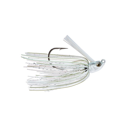 The 6th Sense Divine Swim Jig by 6th Sense features a ScrewLock keeper, silver/white/light green skirt, single hook, and fish-shaped head with painted eye, shown against a white background.
