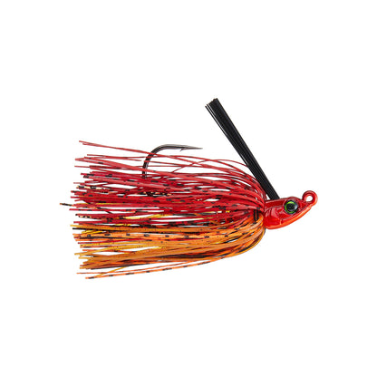 The 6th Sense Divine Swim Jig features a vivid red and orange skirt, black weed guard, and single hook with a ScrewLock keeper—expertly designed by 6th Sense to attract fish.