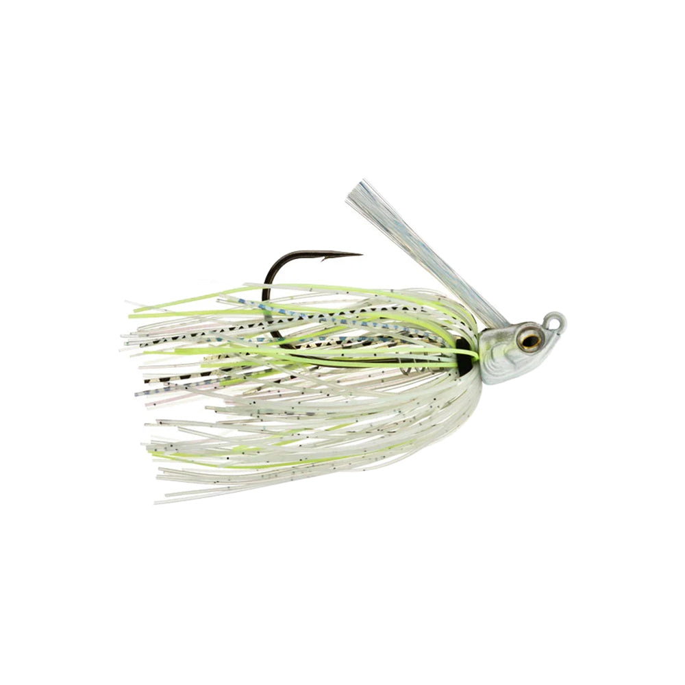 The 6th Sense Divine Swim Jig by 6th Sense features a white and light green skirt, realistic fish-shaped head, ScrewLock keeper, weed guard, and single hook. This jig is ideal for bed fishing and is displayed on a plain white background.