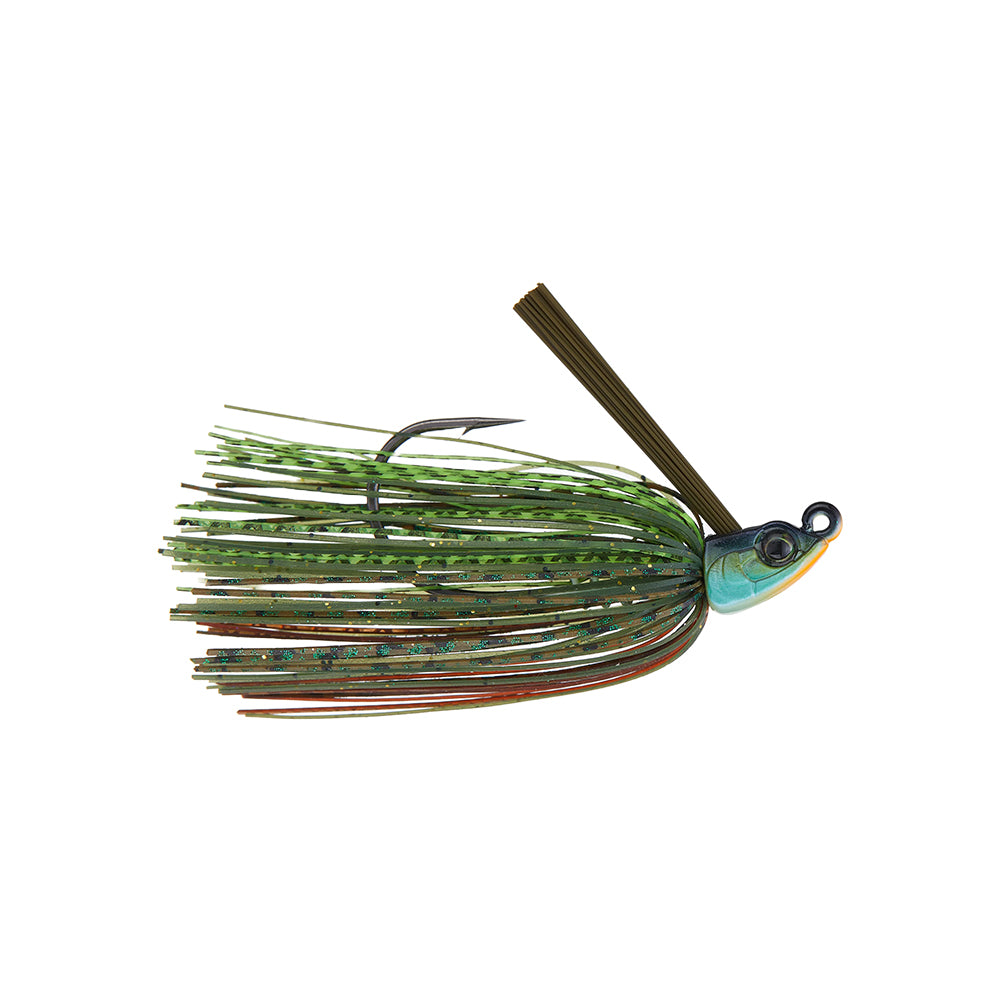 The 6th Sense Divine Swim Jig by 6th Sense features a blue-orange head, weed guard, green/brown/gold skirt, and ScrewLock keeper for secure soft plastic rigging—engineered for effective bed fishing and maximum fish attraction.
