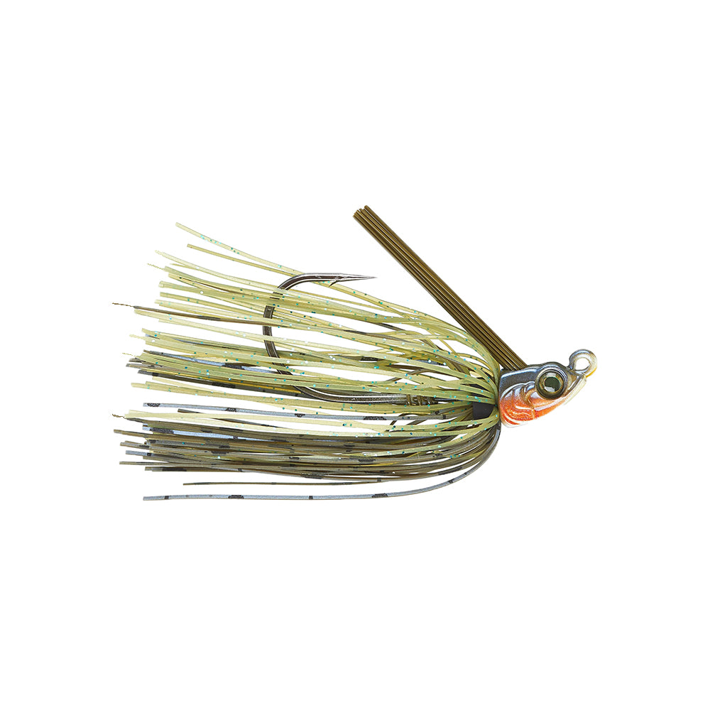 The 6th Sense Divine Swim Jig by 6th Sense features a green and yellow skirt, sharp hook, and a painted head with an orange and silver eye, shown isolated on a white background.