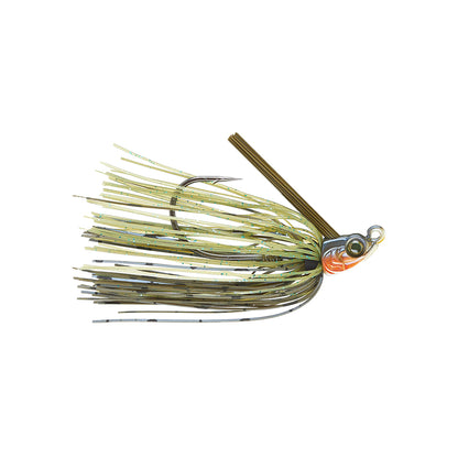 The 6th Sense Divine Swim Jig by 6th Sense features a green and yellow skirt, sharp hook, and a painted head with an orange and silver eye, shown isolated on a white background.