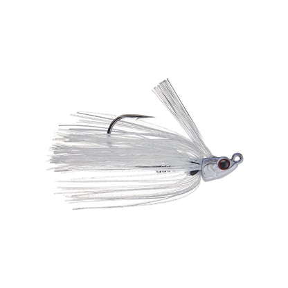 The 6th Sense Divine Swim Jig by 6th Sense is a white bed fishing jig featuring a thin, flexible skirt, single curved hook, and fish-shaped head with a painted red and black eye.