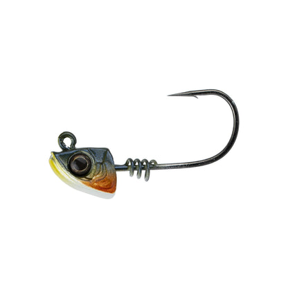 The 6th Sense Divine Swimbait Jig Head features a fish-shaped, painted head with a large realistic eye, metallic finish, ScrewLock bait keeper, and a sharp curved Mustad Hook on the back.