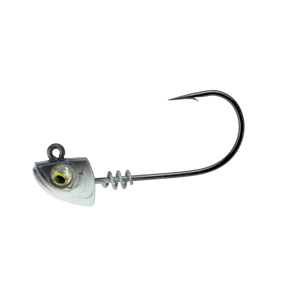 The 6th Sense Divine Swimbait Jig Head features a realistic fish-shaped silver head, yellow and black 3D eye, ScrewLock bait keeper, and a curved Mustad hook for secure fishing.