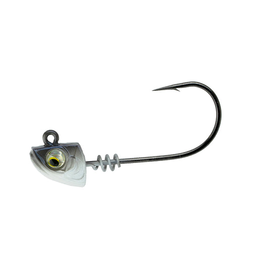 The 6th Sense Divine Swimbait Jig Head features a realistic fish-shaped silver head, yellow and black 3D eye, ScrewLock bait keeper, and a curved Mustad hook for secure fishing.