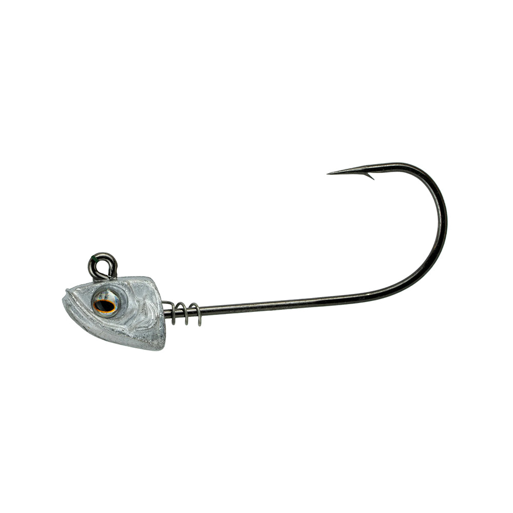 The 6th Sense Divine Swimbait Jig Head by 6th Sense features a fish head design, detailed eye, Mustad Hook, and a ScrewLock bait keeper coil to secure your bait.
